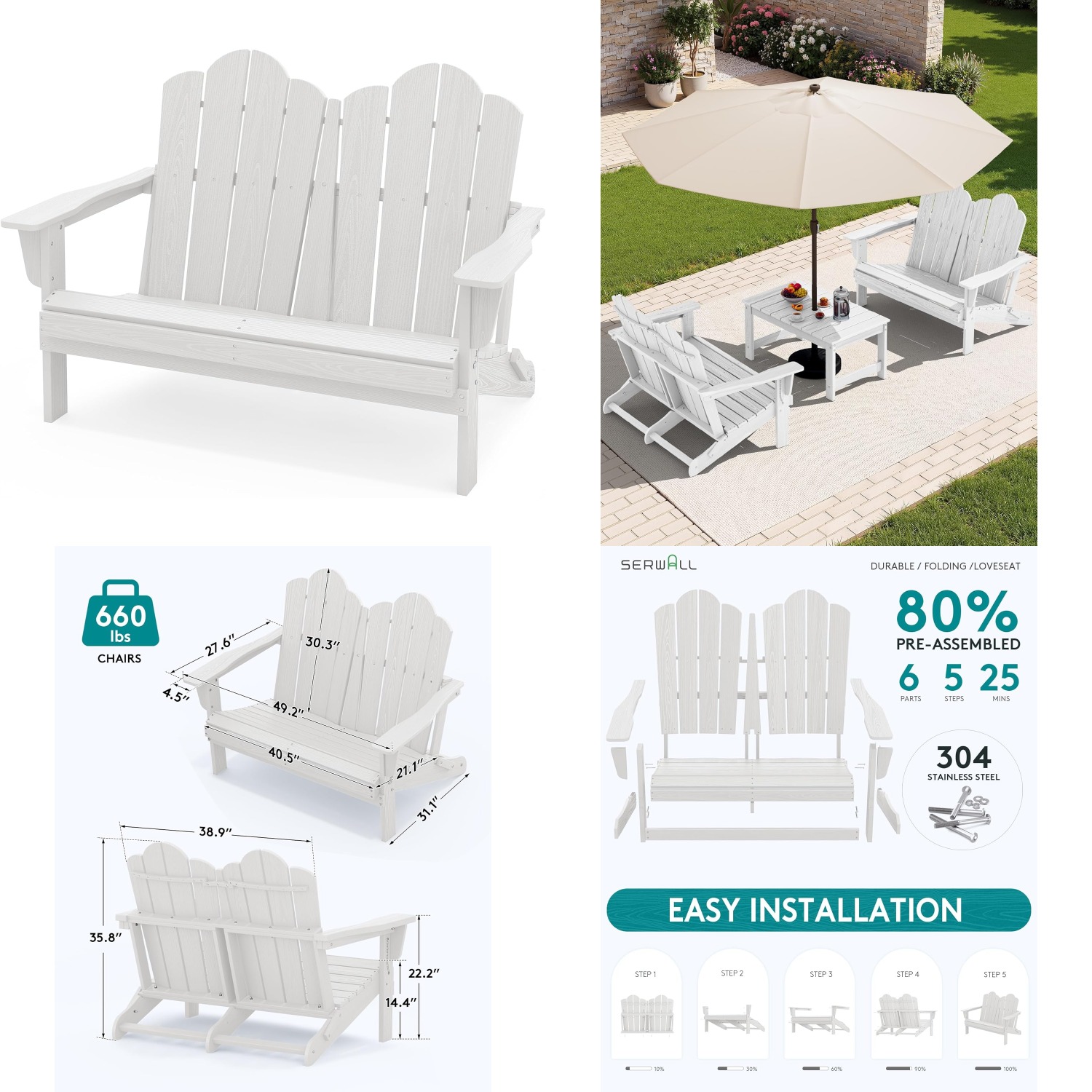 Outdoor Furniture Loveseat - HDPE All-Weather Folding Adirondack Loveseat 660lb