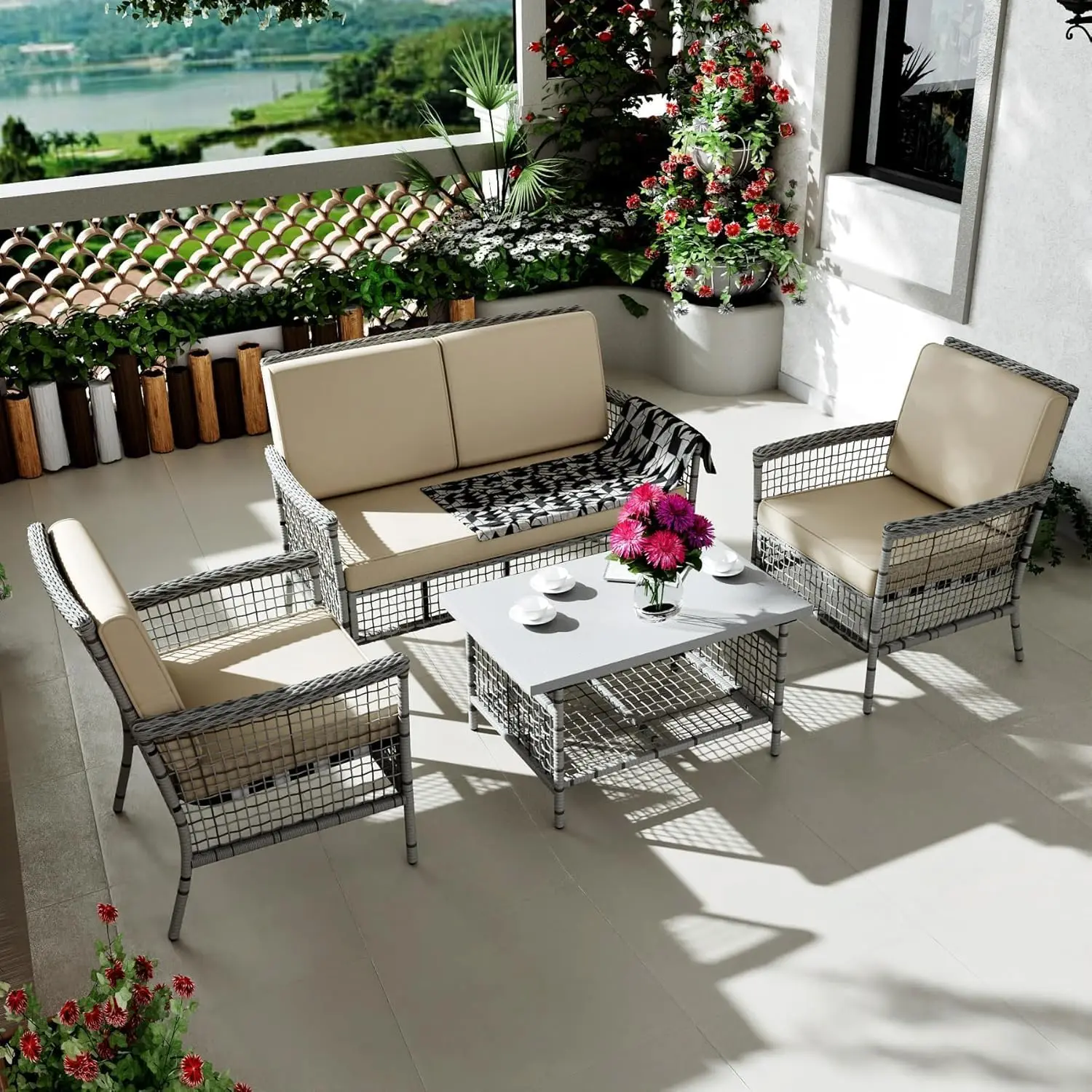 Outdoor Furniture Loveseat - 4 Pieces Outdoor Patio Furniture Set,