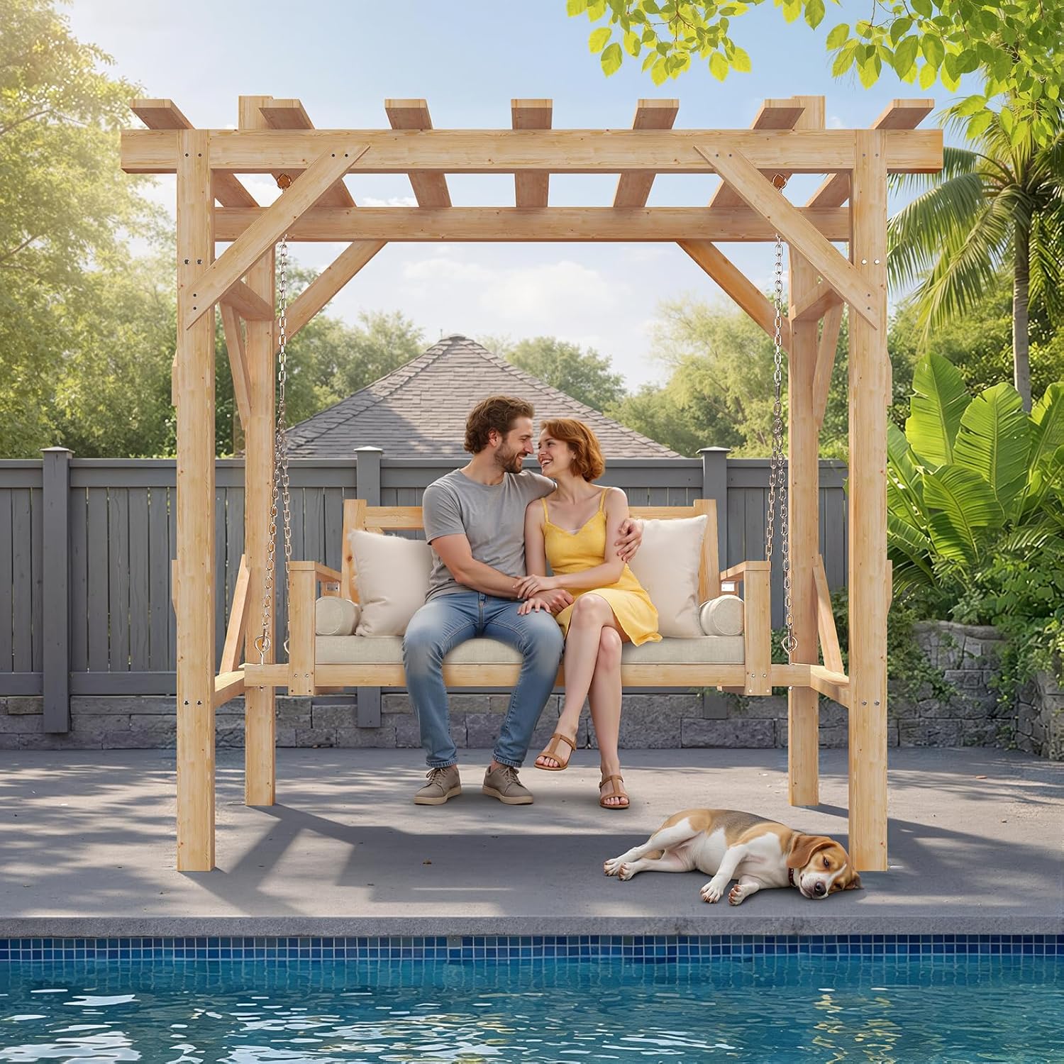 Cedar Wood Pergola Swing Bench - Hanging Egg Chair ulasan dan harga